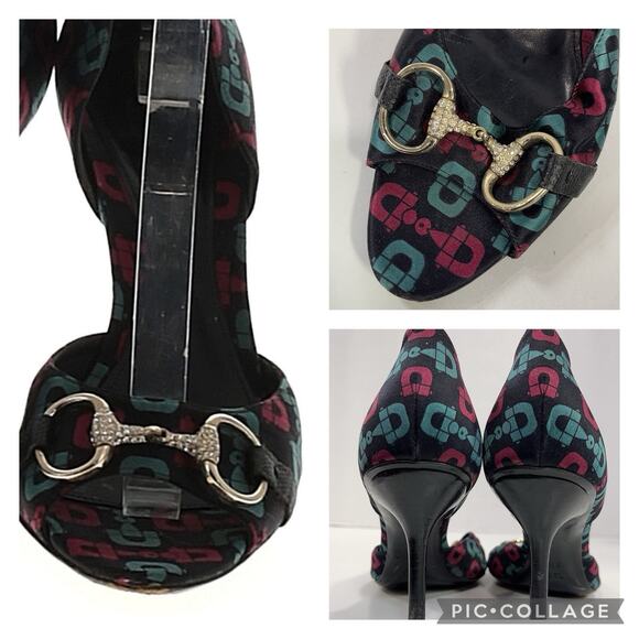 Authentic GUCCI Canvas D'orsay Horsebit Lizard Swarovski Crystal Pumps Heels 9.5 - Picture 1 of 11
